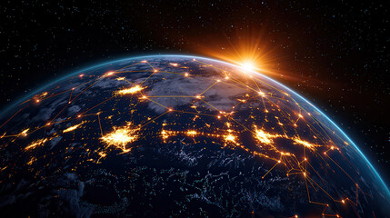 Aufkleber - digital globe with interconnected lines represents global connectivity, illuminated by vibrant sunrise over starry sky, symbolizing innovation and technology