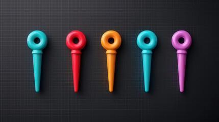 Fototapete - polished arrangement of five colorful 3D map pins on dark grid background creates vibrant and modern visual. pins are in shades of teal, red, orange, pink, and purple