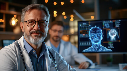 Poster - team of doctors collaborates on medical case using advanced technology, with focus on digital brain scan displayed on monitor. setting is modern and professional