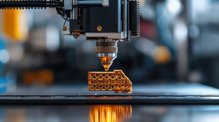 Poster - 3D printer meticulously creates complex geometric object, showcasing advanced technology and precision. machine nozzle deposits material layer by layer, reflecting innovation in manufacturing