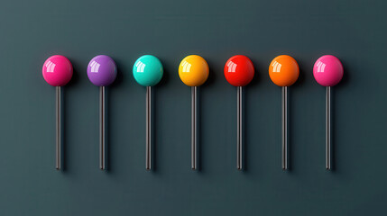 Poster - Seven colorful 3D pins are arranged in row against dark background showcasing vibrant hues of pink purple teal yellow orange red and maroon. glossy finish adds playful touch