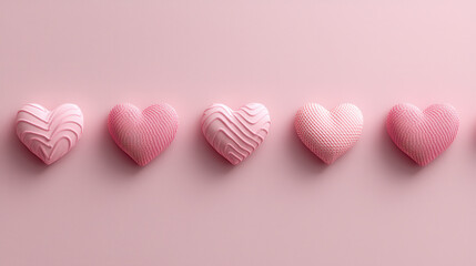 Poster - Soft pink hearts with various textures are arranged in row on pastel pink background, creating gentle and romantic atmosphere