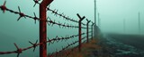 A close-up of barbed wire in the fog, symbolizing barriers and separation.
