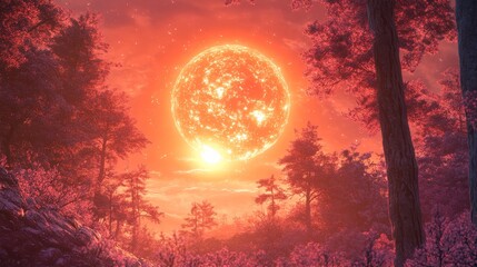 Wall Mural - Radiant red sun setting behind forest trees in vibrant sunset scene