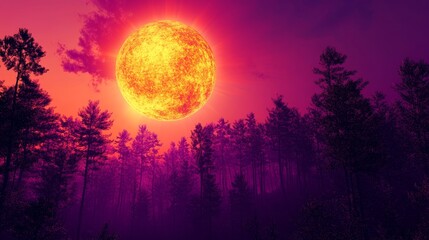 Wall Mural - Vibrant sunset over misty forest with glowing sun and silhouetted trees