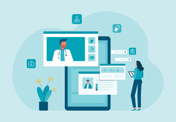 Wall Mural - business technology healthcare app consultancy and telemedicine design. with woman consults doctor o