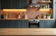© miss irine - Empty wooden tabletop with blurred kitchen background for product display food presentation. Rustic brown wood texture. Kitchen interior design with countertops cabinets, shelf space. Focus product