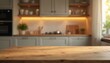 © miss irine - Wooden table foreground kitchen interior, blurred background with cabinets shelves, bokeh effect. Modern home design, cooking space, culinary presentation, product mock up. Neutral tones, cozy