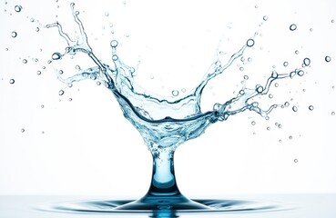 Leinwandbilder - Artistic water splash, captured mid-air. Clear water droplets scatter outward from central point. Isolated white background. Image of liquid motion, refreshing clean purity. Ideal for use in