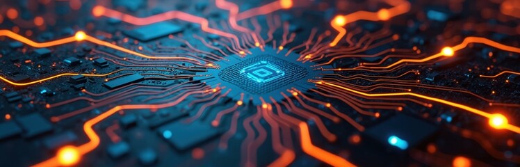 Fototapete - Abstract printed circuit board with glowing orange and cyan lines. Digital circuit board with glowing lines in modern design. Tech background illustration for digital design. Futuristic graphic.
