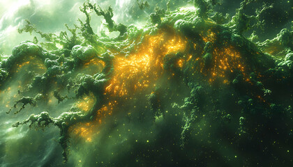 green and gold nebula swirls, cosmic dust and gas clouds, celestial artwork