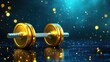 © O - Golden dumbbell on glittering surface with dramatic lighting