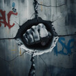 © A.A.Design - A fist punching through a hole in a concrete wall breaking through barriers. This Ai generated image symbolizes strength determination and the ability to overcome obstacles making it perfect.