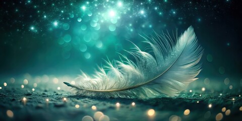 Wall Mural - A Delicate Single Feather Rests on a Glimmering Surface Under a Celestial Glow