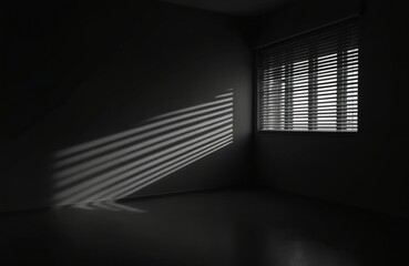 Poster - Interior of dark room with sun rays falling on wall through window blinds. Light creates lines of shadow. Monochrome shot of modern minimal home decor. Empty room, black and white.