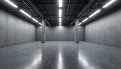 Poster - Minimalistic studio with bright lights. Empty concrete studio. Modern interior with bright lights. Hallway corridor with nobody inside. VR environment. Industrial architecture with columns. 3d