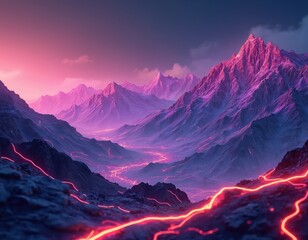 Fototapete - Abstract mountain landscape with neon lines. Futuristic tech background in vibrant colors. Digital art with wireframe, grid mesh. Modern, innovative design for tech, sci-fi, gaming concepts.