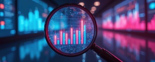 Poster - Magnifying glass focuses vibrant data visualizations charts graphs. Data analysis SEO digital analytics. Neon ultraviolet setting. Digital cyberspace future, innovation, marketing, stock, banking,
