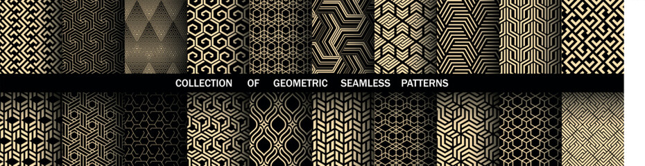 Fototapete - Geometric set of seamless black and golden patterns. Simple vector graphics