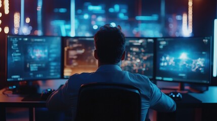 A Person Working On Computer Monitors With A Dark Background