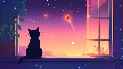 Wall Mural - Black cat watching shooting star from window at sunset