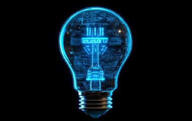 Poster - A blue digital technology light bulb, glowing with futuristic patterns and AIgenerated elements, symbolizing innovation and creativity, highresolution, sleek design, digital art