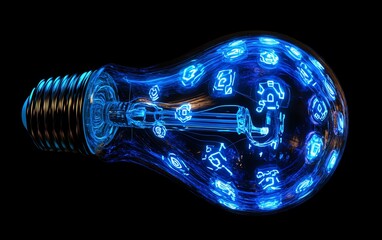 Poster - A blue digital technology light bulb, glowing with futuristic patterns and AIgenerated elements, symbolizing innovation and creativity, highresolution, sleek design, digital art