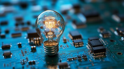 Poster - A glowing light bulb integrated with digital circuits, symbolizing creative innovation and technology, set against a dynamic blue background, ultrarealistic, highdefinition