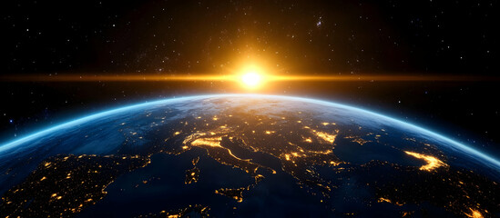 Wall Mural - A stunning view of Earth from space at sunrise, showcasing the planet's beauty and the interplay of light and shadow across landscapes.