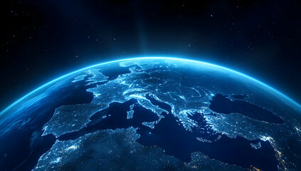 Wall Mural - A stunning view of Earth from space, showcasing vibrant colors and intricate details of land and sea at night.
