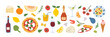 © Anna Bova - Hand drawn italian food set. Italian summer vacation aesthetic. Mediterranean lunch and dinner collection. Pasta, olive, pizza, cheese, tomato, lemon, wine. Perfect for print, design menu, sticker.