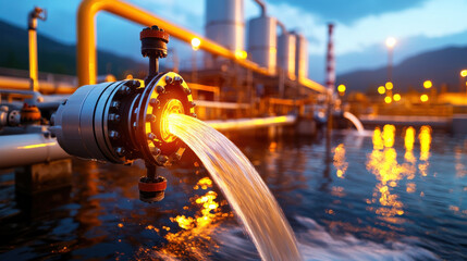 Aufkleber - dramatic nighttime capture of water flowing through industrial pipe, illuminated by warm lights, creating striking contrast against dark surroundings. scene evokes sense of dynamic energy