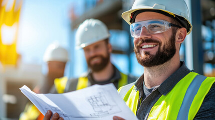 Aufkleber - group of engineers in protective gear, including hard hats and safety vests, are studying blueprints at construction site. They appear focused and engaged in their work