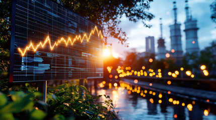 Fototapete - digital stock market chart with rising trend is displayed outdoors near riverbank, with blurred cityscape and industrial structures in background during sunset