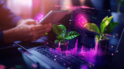 Aufkleber - vibrant startup environment featuring person using tablet with laptop displaying digital graphs and plants, symbolizing growth and innovation