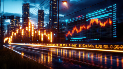 Leinwandbilder - vibrant cityscape at night features glowing stock market graphs and data overlays, symbolizing digital energy and financial growth. Skyscrapers and power lines add industrial feel