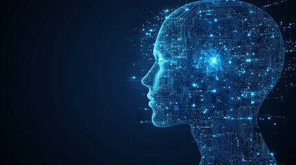 Wall Mural - electronic brain concept of artificial intelligence: digital brain and human head outline from circu