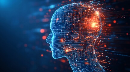 Wall Mural - electronic brain concept of artificial intelligence: digital brain and human head outline from circu