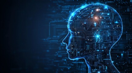 Wall Mural - electronic brain concept of artificial intelligence: digital brain and human head outline from circu