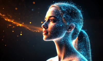 Wall Mural - A glowing, particle-formed profile of a woman against a dark, bokeh background.