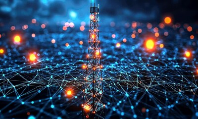 Wall Mural - A vibrant, futuristic representation of a communication tower with glowing network connections.