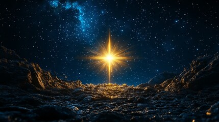 Wall Mural - luminous star in night sky over rocky terrain with glowing aura