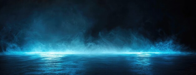 Fototapete - Abstract dark background, glowing light lines on a black asphalt floor with mist and smoke. Neon blue night scene for product presentation in an empty studio. Dark abstract backdrop for the display