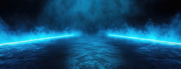 Fototapete - Abstract dark background, glowing light lines on a black asphalt floor with mist and smoke. Neon blue night scene for product presentation in an empty studio. Dark abstract backdrop for the display