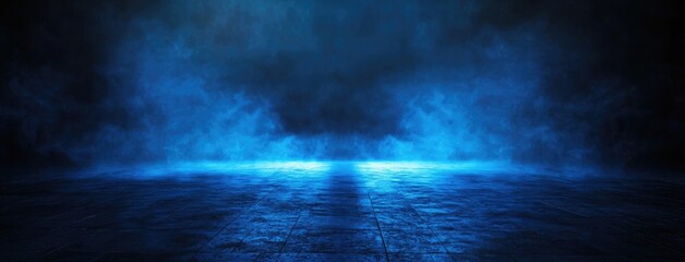 Fototapete - Abstract dark background, glowing light lines on a black asphalt floor with mist and smoke. Neon blue night scene for product presentation in an empty studio. Dark abstract backdrop for the display