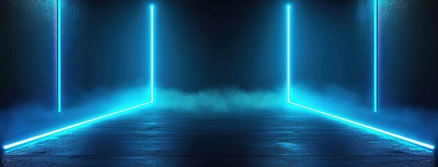 Fototapete - Abstract dark background, illuminated with blue light and fog on the asphalt floor. Empty scene for product presentation