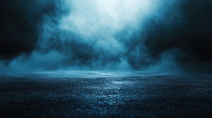Fototapete - Abstract dark background, illuminated with blue light and fog on the asphalt floor. Empty scene for product presentation