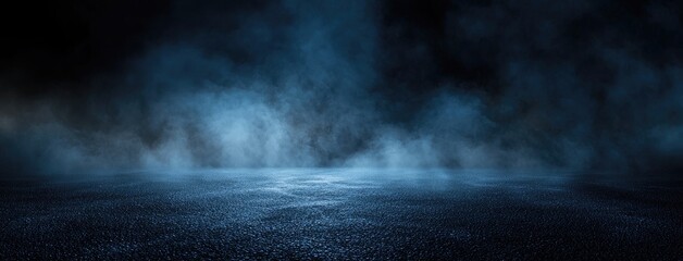 Fototapete - Abstract dark background, illuminated with blue light and fog on the asphalt floor. Empty scene for product presentation