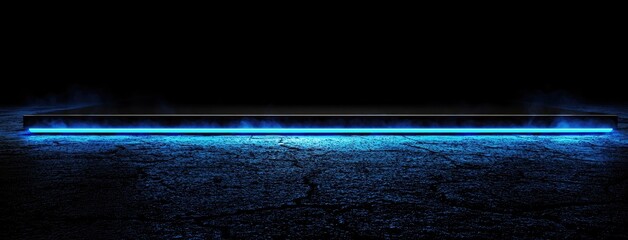 Fototapete - Abstract dark background, illuminated with blue light and fog on the asphalt floor. Empty scene for product presentation