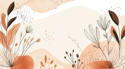 Watercolor abstract background minimalist composition with brown and peach shapes, simple lines, organic forms, beige color palette